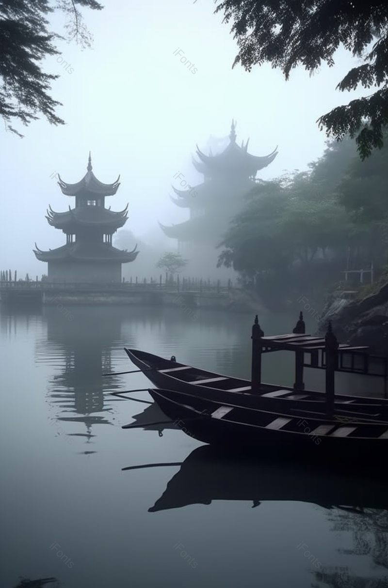 清晨湖面上朦胧亭台楼阁建筑背景,高清,摄影图,摄影图片,图片大全,摄影图免费下载